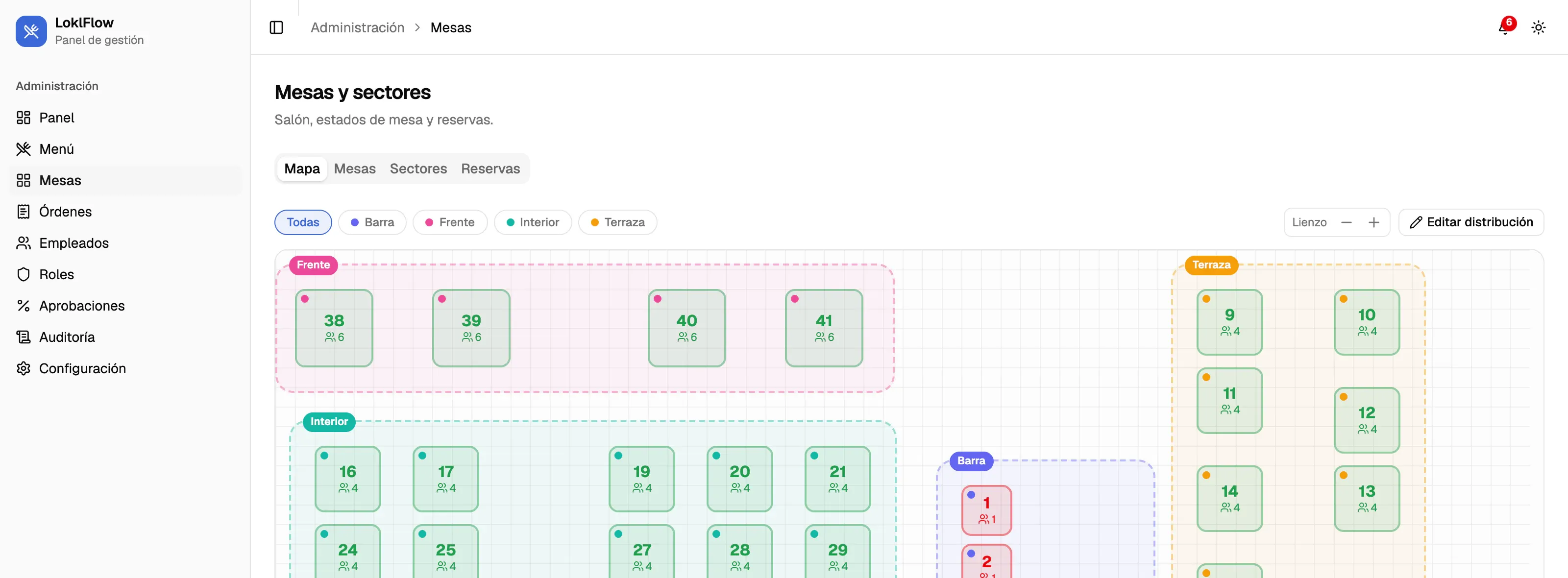 Editor de distribución de salón en loklflow. Un lienzo con cuadrícula muestra cuarenta y una mesas repartidas en cuatro sectores delimitados con líneas discontinuas y un color por sector: Frente, Interior, Barra y Terraza. Cada mesa lleva su número global y su capacidad de comensales, y un punto de color indica su estado. Arriba, filtros por sector, control de zoom del lienzo y un botón de editar distribución.