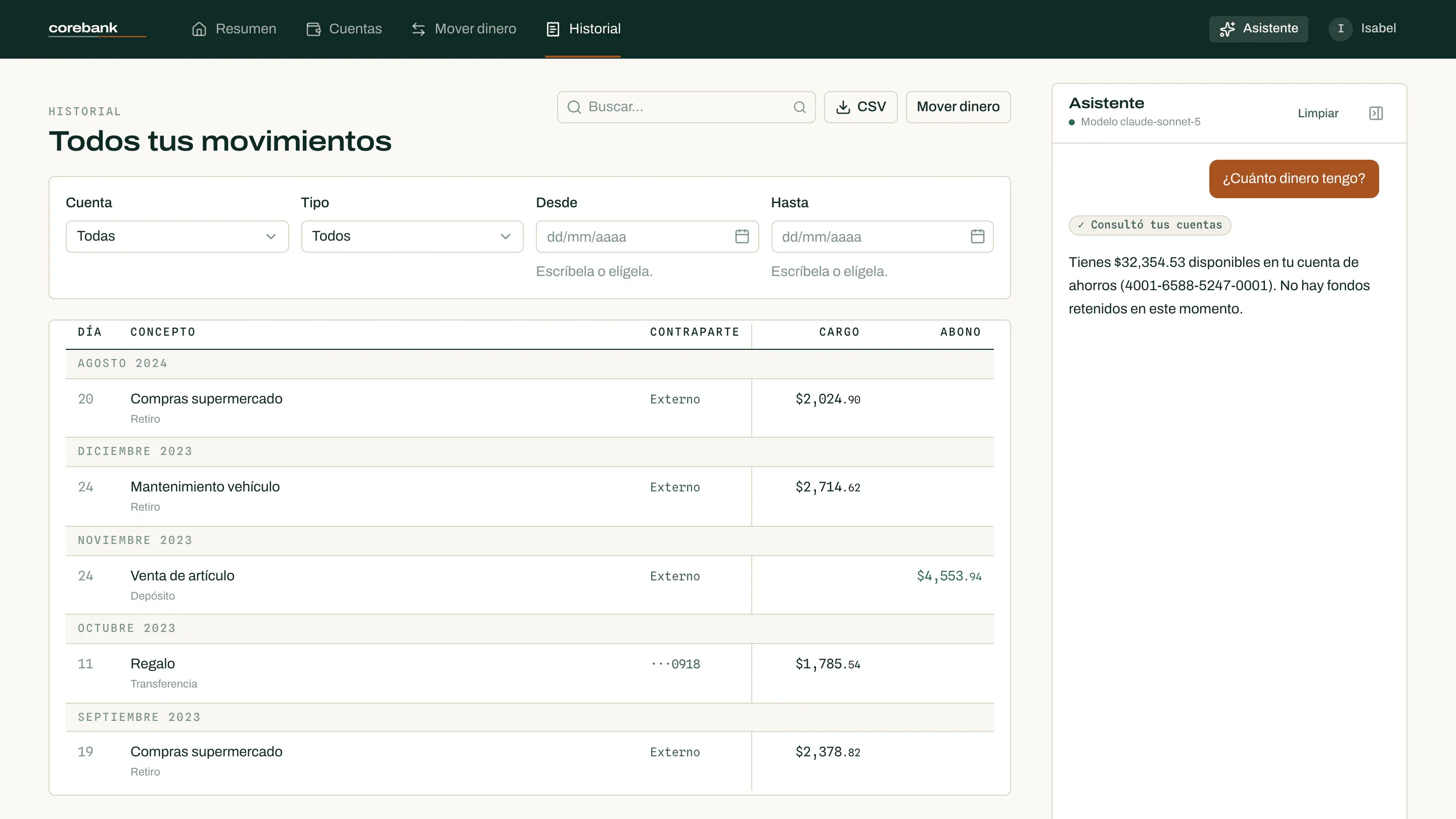 Historial de movimientos de corebank. Filtros por cuenta, tipo y rango de fechas, un buscador y un botón de exportar a CSV. La tabla agrupa por mes y tiene columnas de día, concepto, contraparte, cargo y abono, con las cifras alineadas por columna.